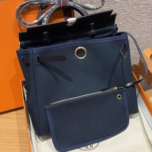Hermes Herbag Zip 31 Bag Retourne Blue Presse Noir Handmade In Canvas and Hunter Cowhide Silver Hardware - Image 14