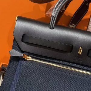 Hermes Herbag Zip 31 Bag Retourne Blue Presse Noir Handmade In Canvas and Hunter Cowhide Silver Hardware - Image 10