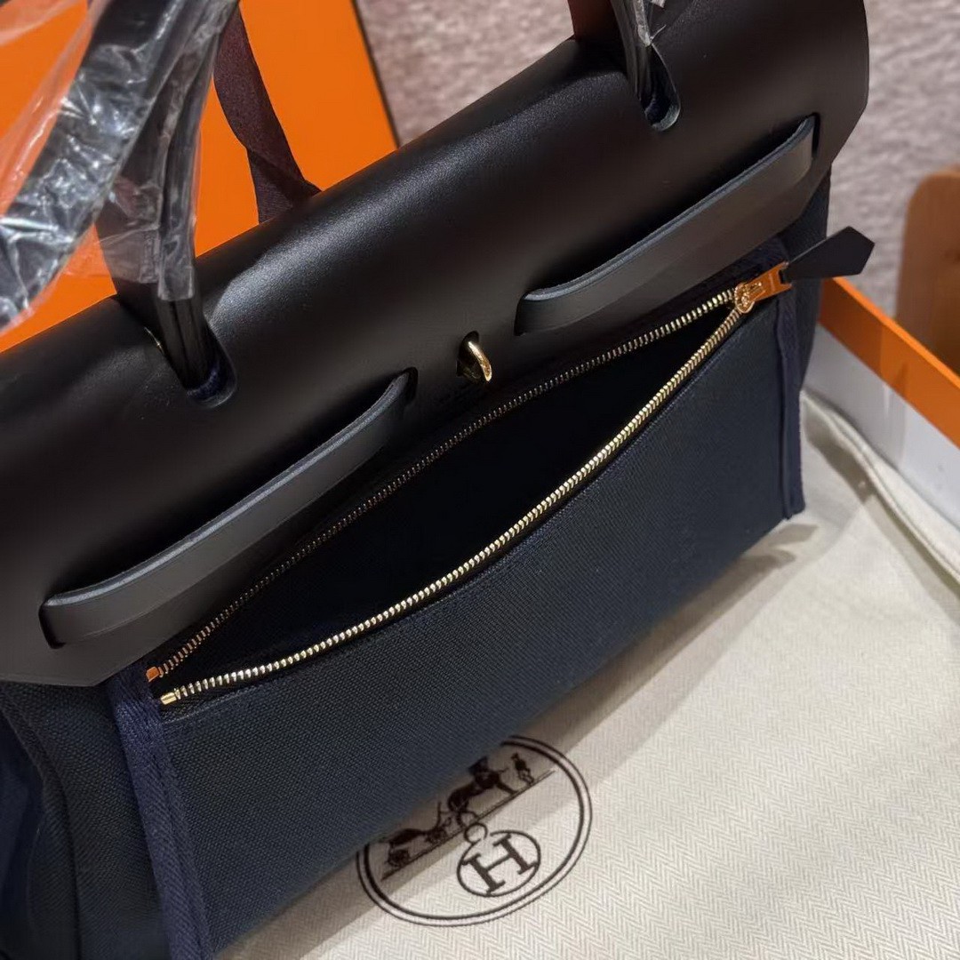 Hermes Herbag Zip 31 Bag Retourne Blue Presse Noir Handmade In Canvas and Hunter Cowhide Silver Hardware - Image 9