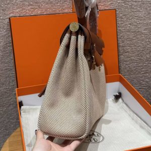 Hermes Herbag Zip 31 Bag Retourne Écru Beige Fauve Handmade In Canvas and Hunter Cowhide Gold Hardware - Image 21