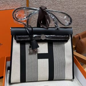 Hermes Herbag Zip 31 Bag Retourne Ecru Noir Handmade In Canvas and Hunter Cowhide Silver Hardware
