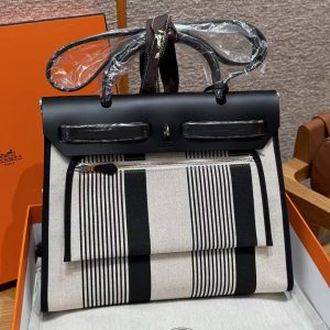 Hermes Herbag Zip 31 Bag Retourne Ecru Noir Handmade In Canvas and Hunter Cowhide Silver Hardware - Image 2