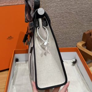 Hermes Herbag Zip 31 Bag Retourne Ecru Noir Handmade In Canvas and Hunter Cowhide Silver Hardware - Image 24