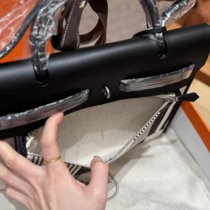 Hermes Herbag Zip 31 Bag Retourne Ecru Noir Handmade In Canvas and Hunter Cowhide Silver Hardware - Image 11