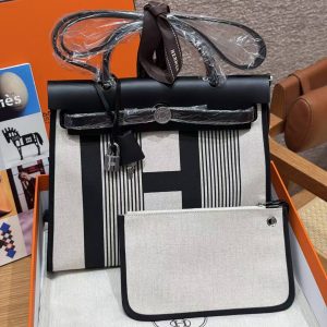Hermes Herbag Zip 31 Bag Retourne Ecru Noir Handmade In Canvas and Hunter Cowhide Silver Hardware - Image 10