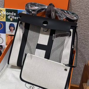 Hermes Herbag Zip 31 Bag Retourne Ecru Noir Handmade In Canvas and Hunter Cowhide Silver Hardware - Image 9