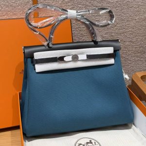 Hermes Herbag Zip 31 Bag Retourne New Blue Jean Noir Handmade In Canvas and Hunter Cowhide Silver Hardware