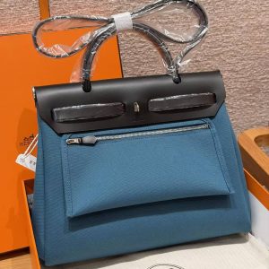 Hermes Herbag Zip 31 Bag Retourne New Blue Jean Noir Handmade In Canvas and Hunter Cowhide Silver Hardware - Image 2
