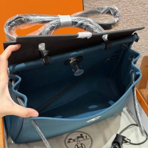 Hermes Herbag Zip 31 Bag Retourne New Blue Jean Noir Handmade In Canvas and Hunter Cowhide Silver Hardware - Image 20