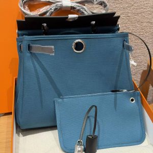 Hermes Herbag Zip 31 Bag Retourne New Blue Jean Noir Handmade In Canvas and Hunter Cowhide Silver Hardware - Image 16
