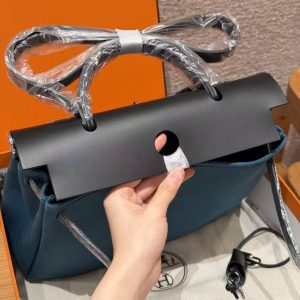 Hermes Herbag Zip 31 Bag Retourne New Blue Jean Noir Handmade In Canvas and Hunter Cowhide Silver Hardware - Image 15