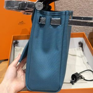 Hermes Herbag Zip 31 Bag Retourne New Blue Jean Noir Handmade In Canvas and Hunter Cowhide Silver Hardware - Image 14