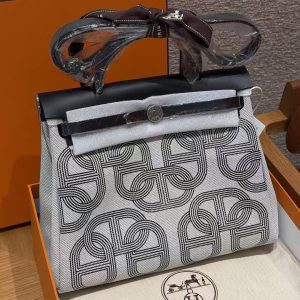 Hermes Herbag Zip 31 Bag Retourne Noir Ecru Handmade In Canvas and Hunter Cowhide Silver Hardware
