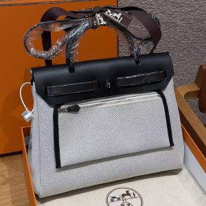 Hermes Herbag Zip 31 Bag Retourne Noir Ecru Handmade In Canvas and Hunter Cowhide Silver Hardware - Image 2