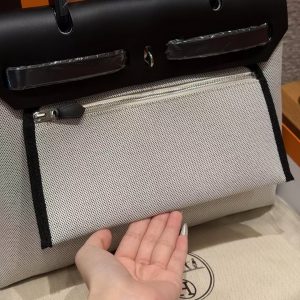 Hermes Herbag Zip 31 Bag Retourne Noir Ecru Handmade In Canvas and Hunter Cowhide Silver Hardware - Image 10
