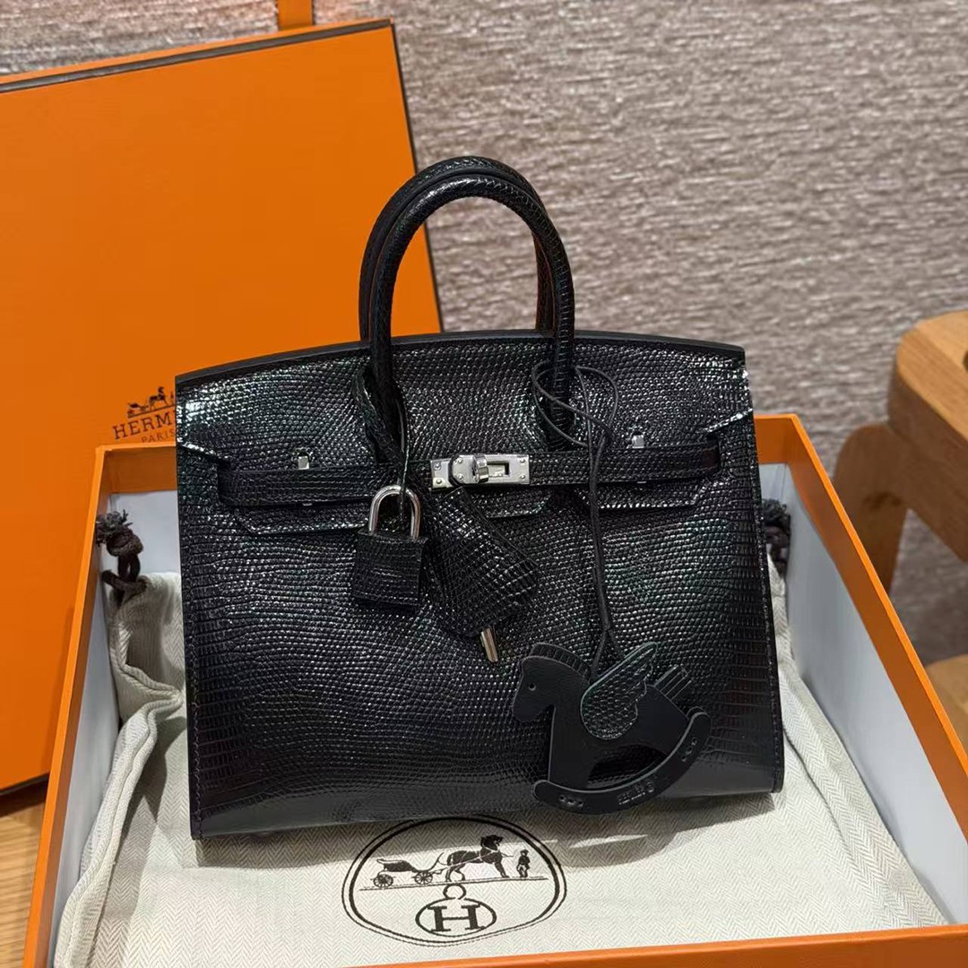 Hermes Birkin 20 Bag Handmade In Lizard Leather Silver Hardware 89 Noir - Image 12