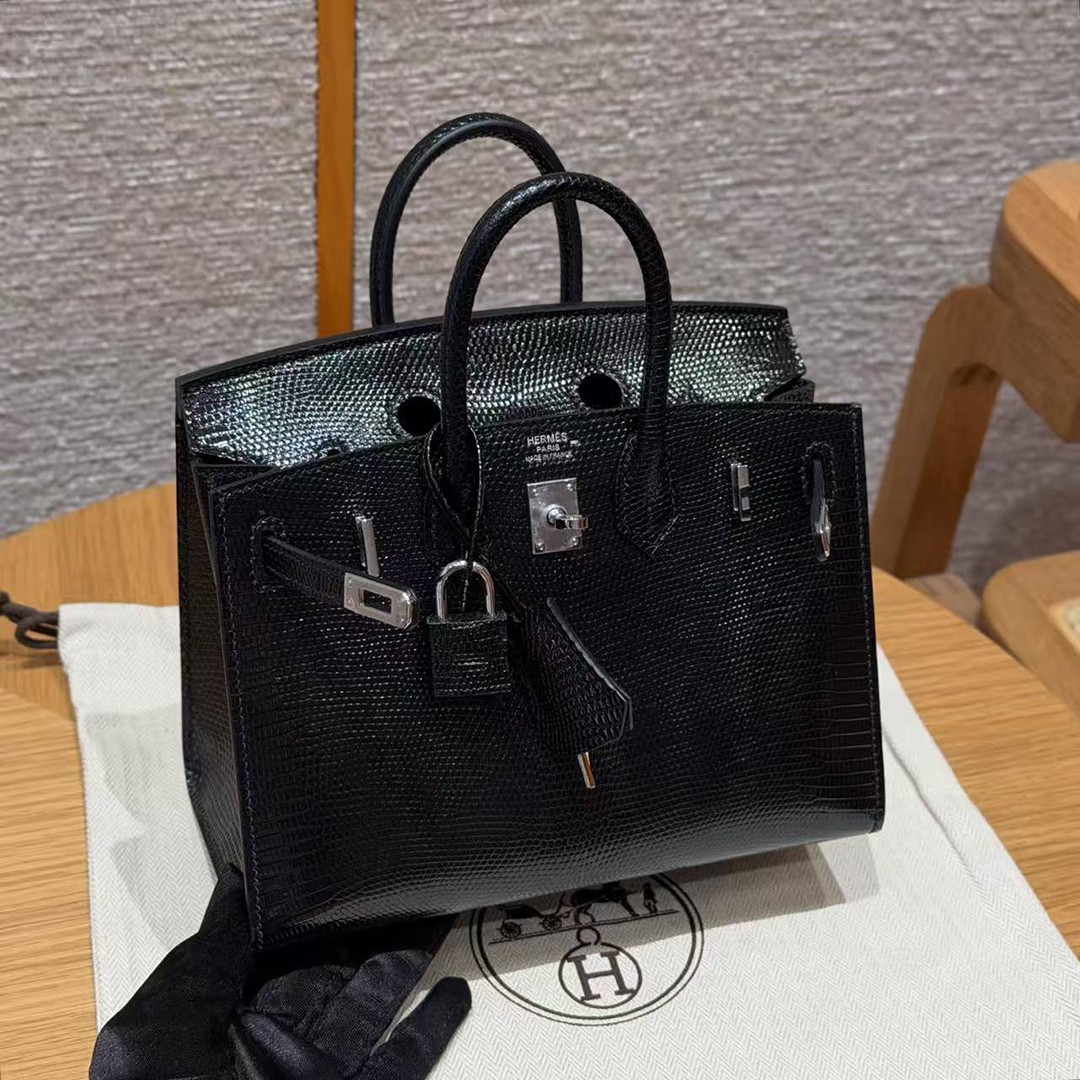 Hermes Birkin 20 Bag Handmade In Lizard Leather Silver Hardware 89 Noir - Image 10