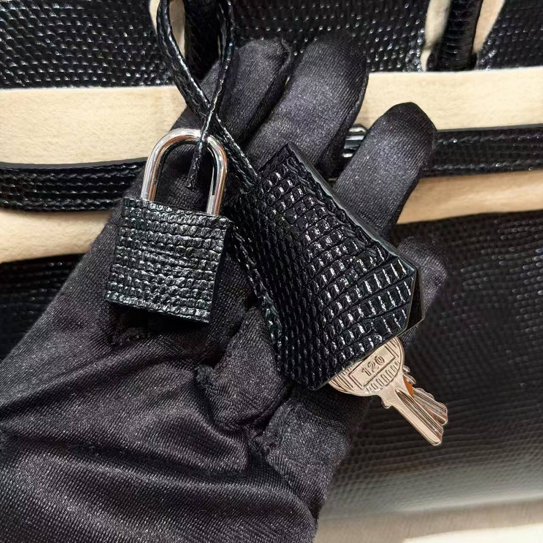 Hermes Birkin 20 Bag Handmade In Lizard Leather Silver Hardware 89 Noir - Image 4