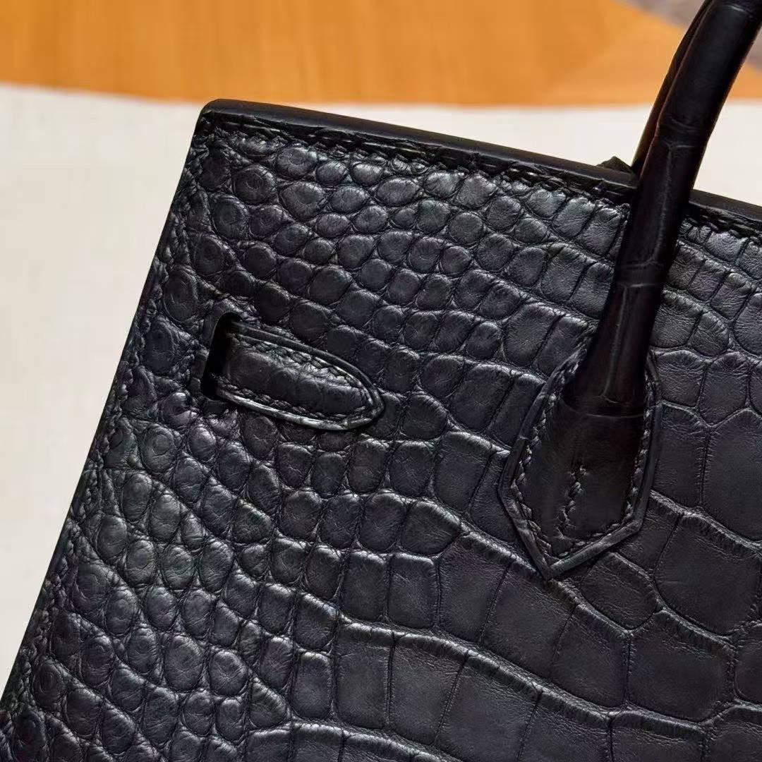 Hermes Birkin 20 Bag Handmade In Matte Alligator Crocodile Leather Silver Hardware 89 Noir - Image 9