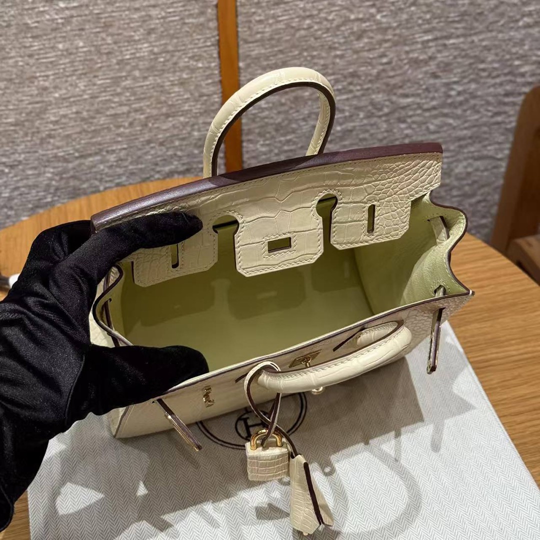 Hermes Birkin 20 Bag Handmade In Matte Alligator Leather Gold Hardware Y1 Vanille - Image 19