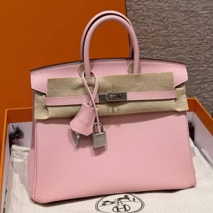 Hermes Birkin 25 Bag 3q Rose Sakura U4 Vert Vertigo Handmade In Swift Calfskin Leather Silver Hardware 01
