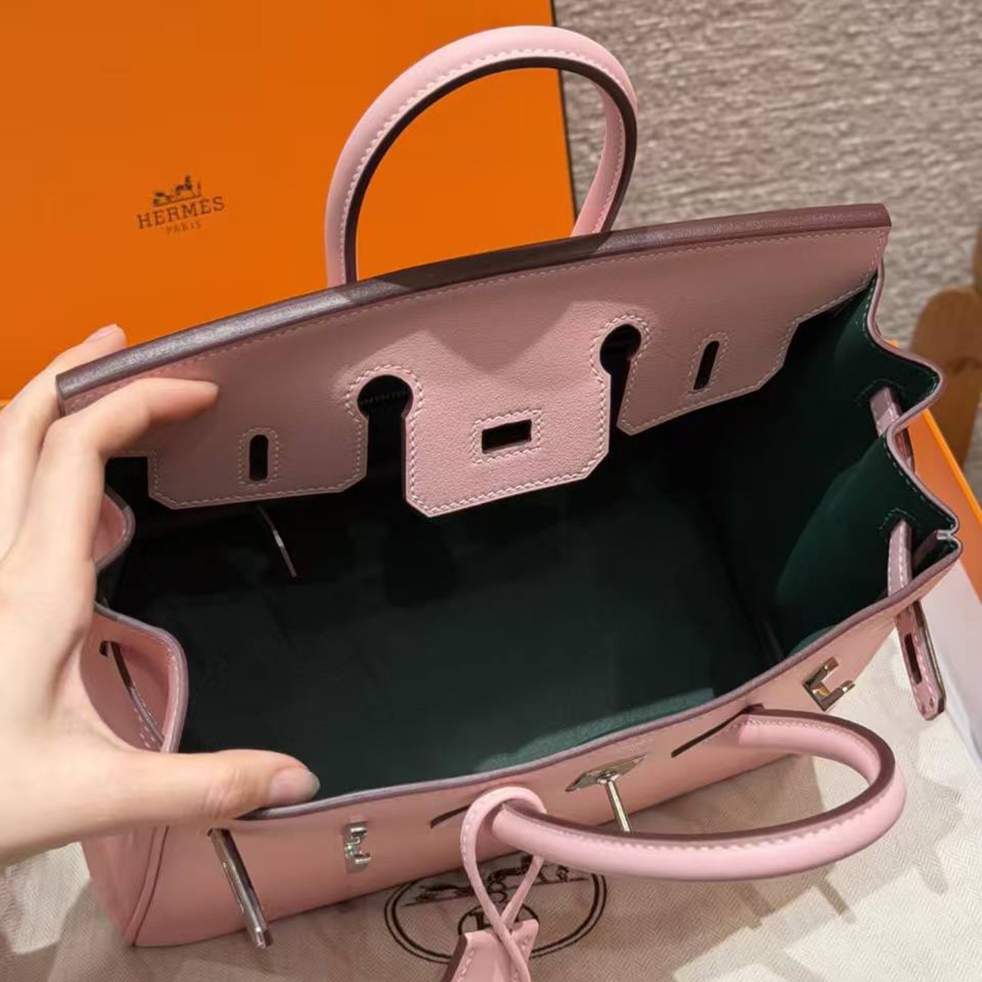 Hermes Birkin 25 Bag Handmade In Swift Calfskin Leather Silver Hardware 3Q Rose Sakura U4 Vert Vertigo - Image 15