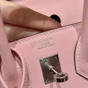 Hermes Birkin 25 Bag Handmade In Swift Calfskin Leather Silver Hardware 3Q Rose Sakura U4 Vert Vertigo - Image 13