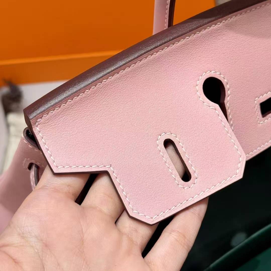 Hermes Birkin 25 Bag Handmade In Swift Calfskin Leather Silver Hardware 3Q Rose Sakura U4 Vert Vertigo - Image 8