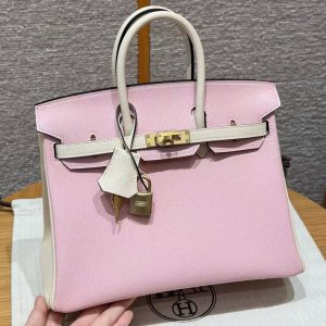 Hermes Birkin 25 Bag 3q Rose Sakura i2 Nata Handmade In Chèvre Leather Gold Hardware