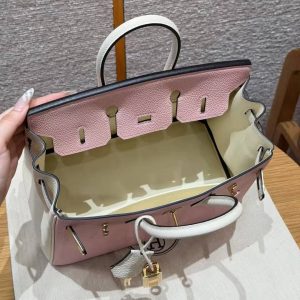 Hermes Birkin 25 Bag 3q Rose Sakura i2 Nata Handmade In Togo Calfskin Leather Gold Hardware - Image 16