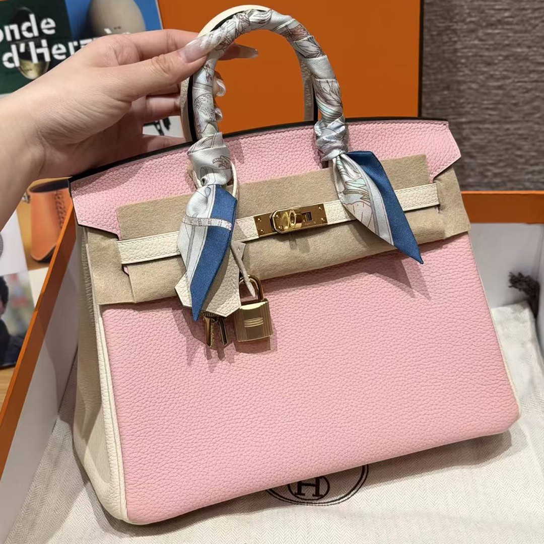 Hermes Birkin 25 Bag 3q Rose Sakura i2 Nata Handmade In Togo Calfskin Leather Gold Hardware - Image 13