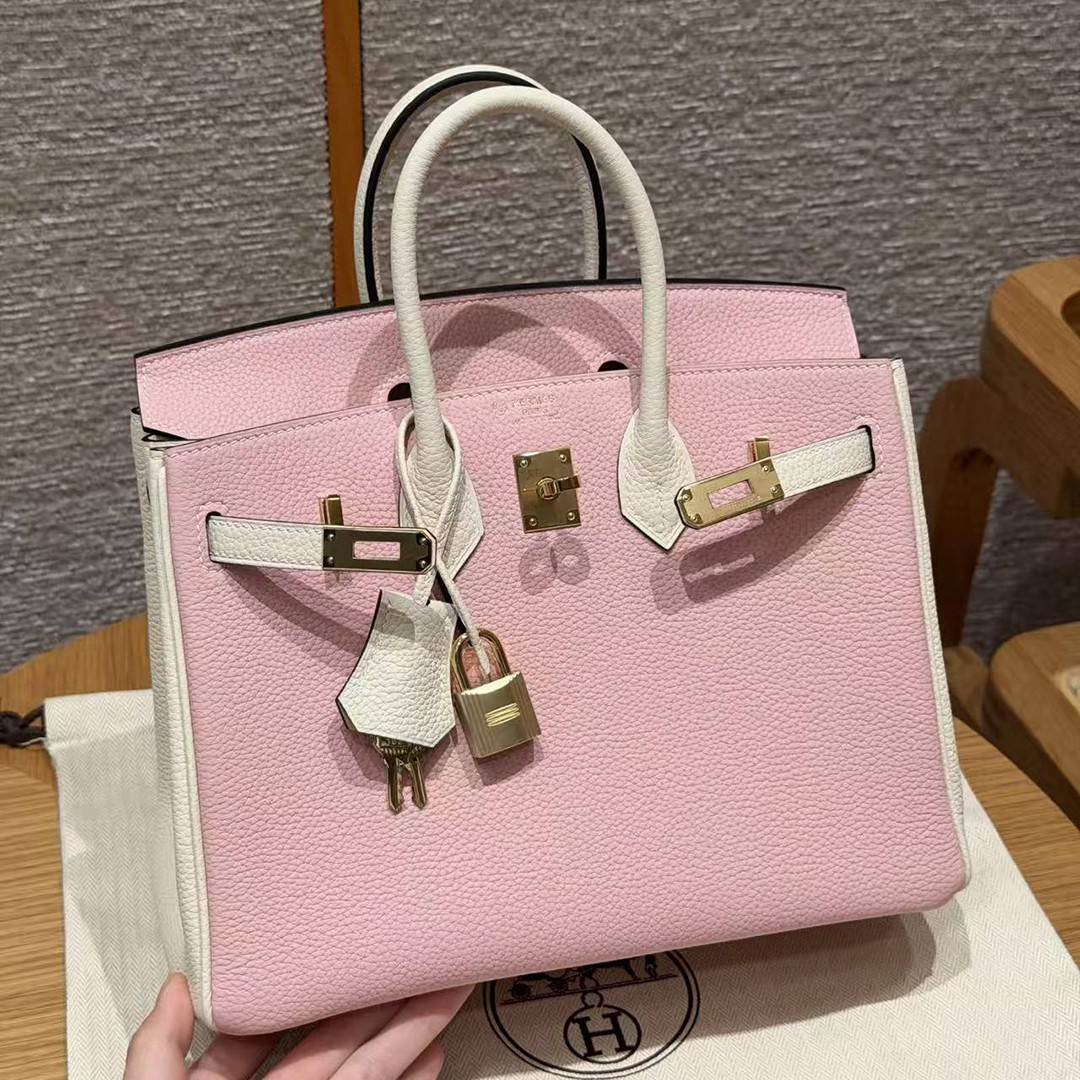 Hermes Birkin 25 Bag 3q Rose Sakura i2 Nata Handmade In Togo Calfskin Leather Gold Hardware - Image 12