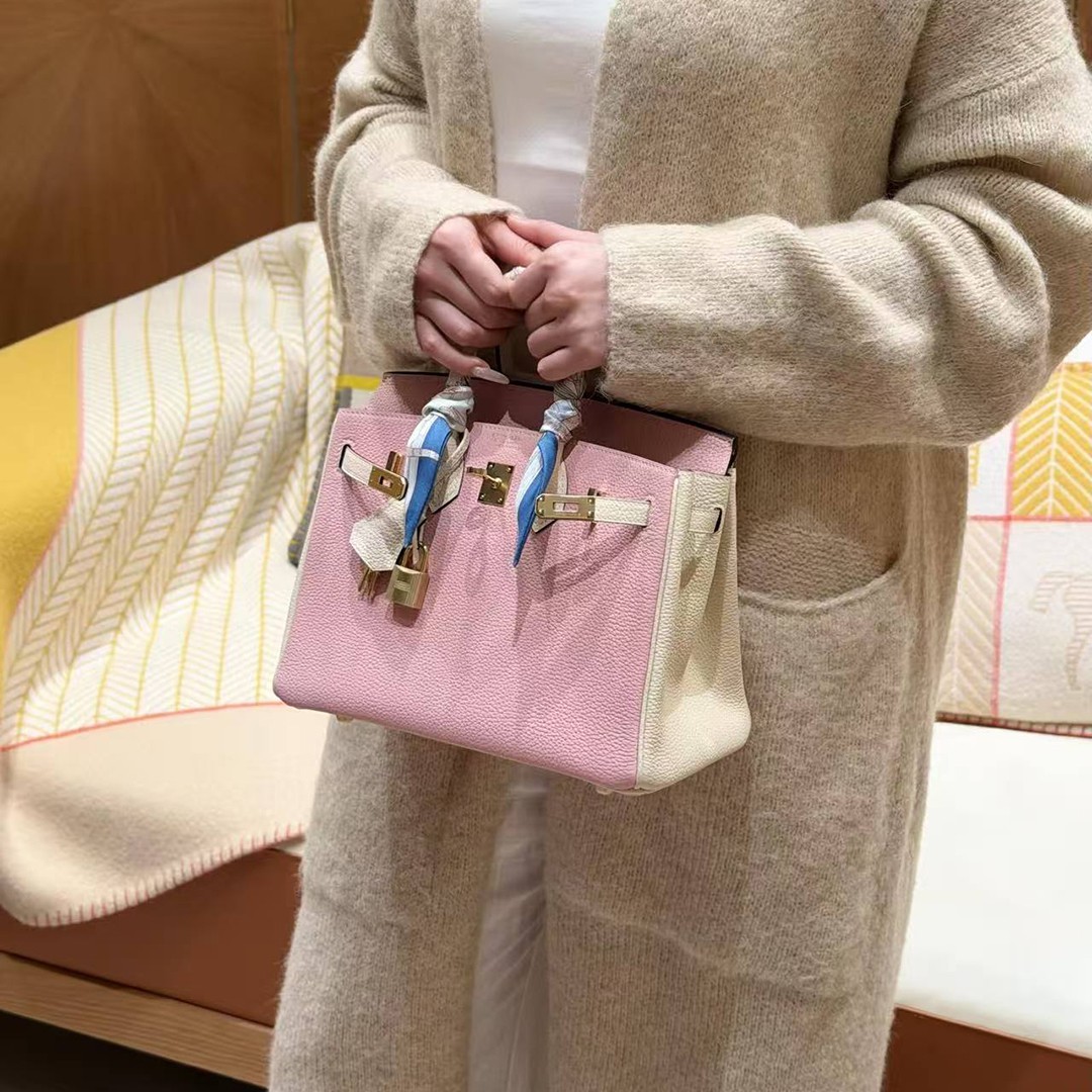 Hermes Birkin 25 Bag 3q Rose Sakura i2 Nata Handmade In Togo Calfskin Leather Gold Hardware - Image 3