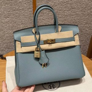 Hermes Birkin 25 Bag 7G Ciel Handmade In Togo Calfskin Leather Gold Hardware