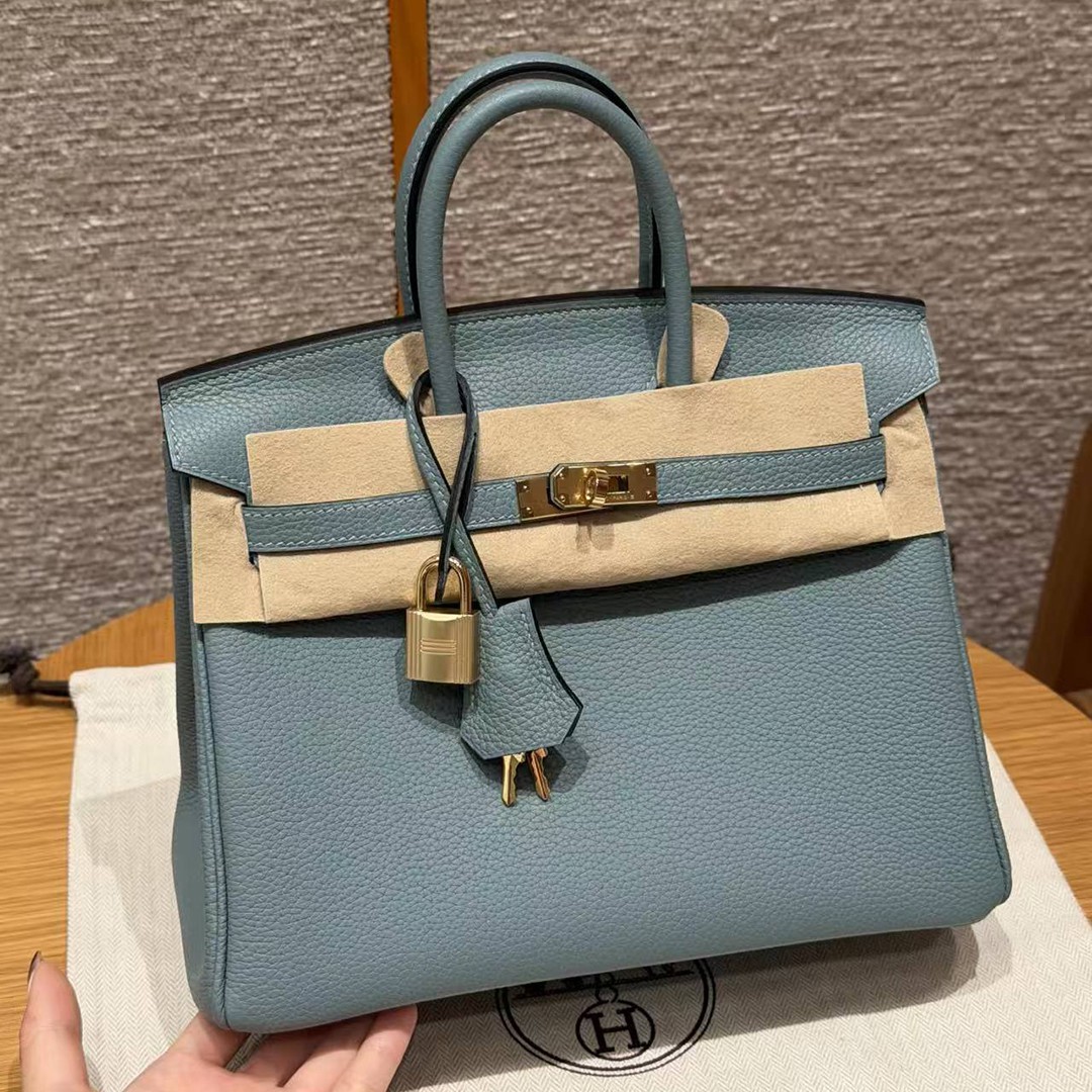 Hermes Birkin 25 Bag 7G Ciel Handmade In Togo Calfskin Leather Gold Hardware