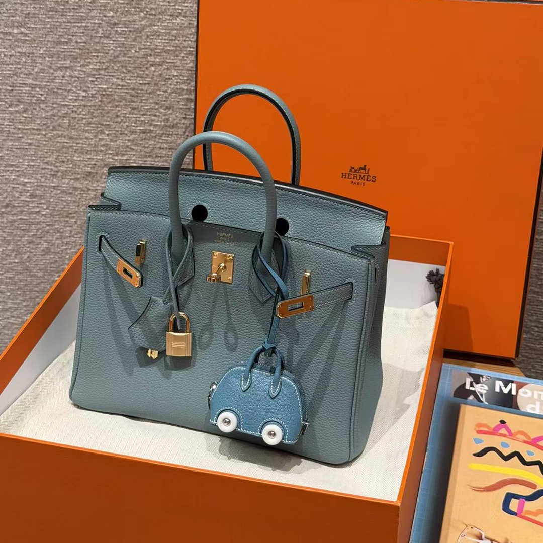 Hermes Birkin 25 Bag 7G Ciel Handmade In Togo Calfskin Leather Gold Hardware - Image 11