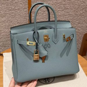 Hermes Birkin 25 Bag 7G Ciel Handmade In Togo Calfskin Leather Gold Hardware - Image 9
