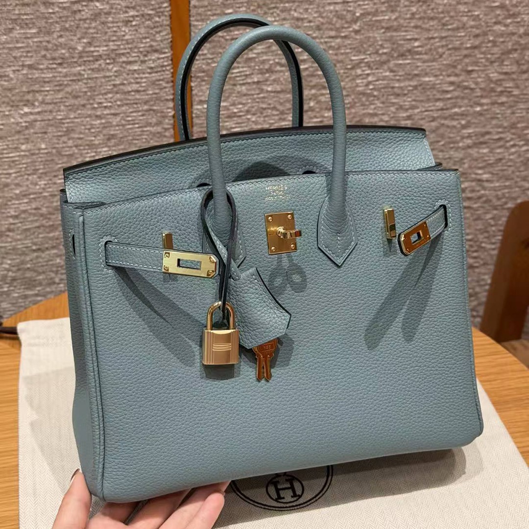 Hermes Birkin 25 Bag 7G Ciel Handmade In Togo Calfskin Leather Gold Hardware - Image 9