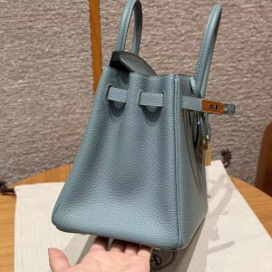 Hermes Birkin 25 Bag 7G Ciel Handmade In Togo Calfskin Leather Gold Hardware - Image 8