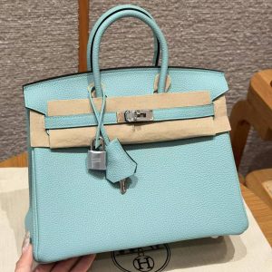 Hermes Birkin 25 Bag 7V Lagon Handmade In Togo Calfskin Leather Silver Hardware