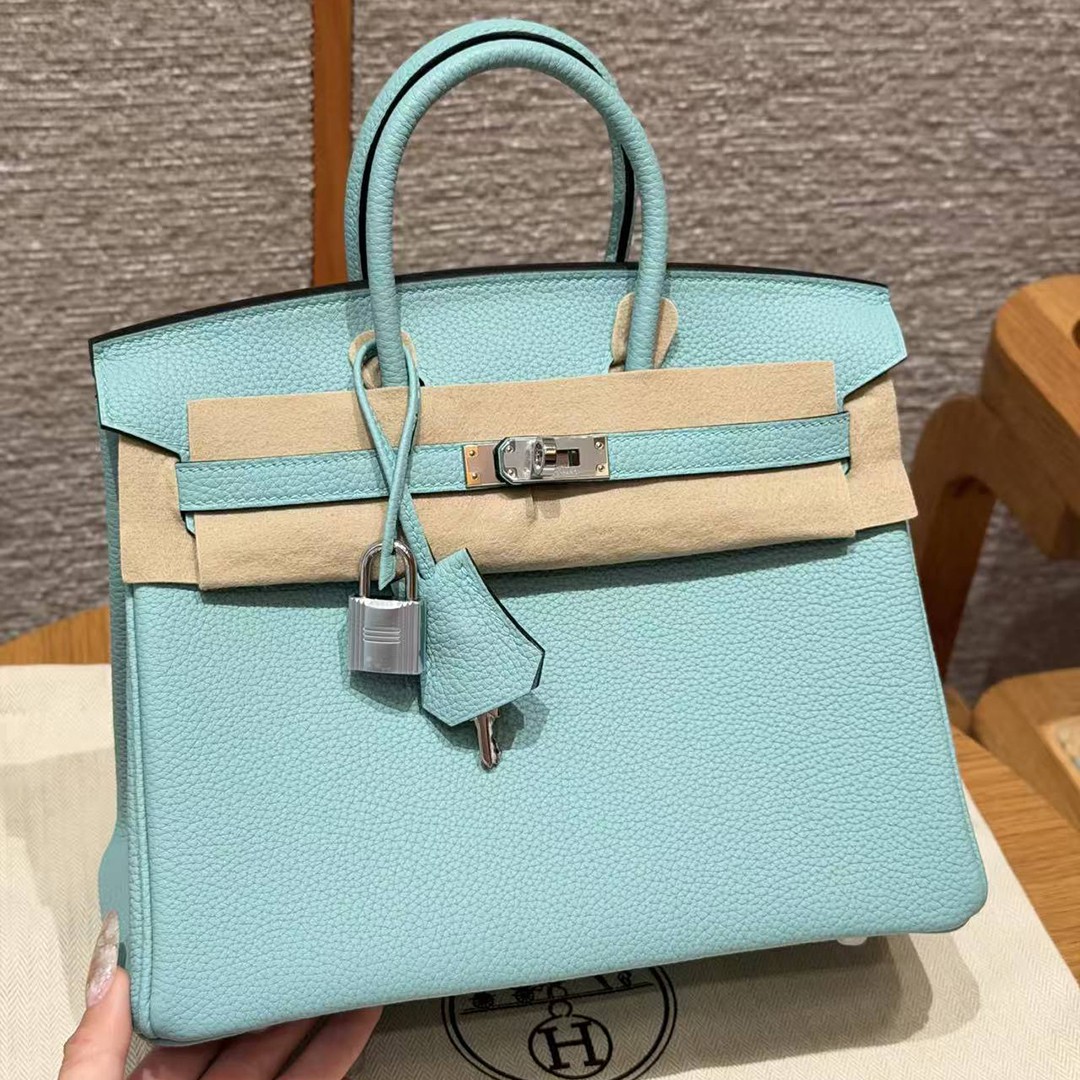 Hermes Birkin 25 Bag 7V Lagon Handmade In Togo Calfskin Leather Silver Hardware