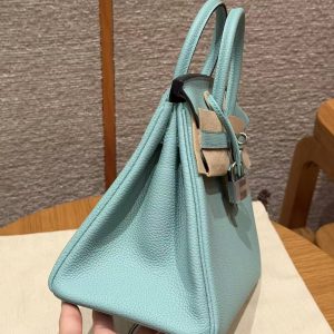 Hermes Birkin 25 Bag 7V Lagon Handmade In Togo Calfskin Leather Silver Hardware - Image 23