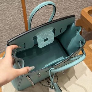 Hermes Birkin 25 Bag 7V Lagon Handmade In Togo Calfskin Leather Silver Hardware - Image 20