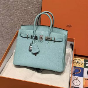 Hermes Birkin 25 Bag 7V Lagon Handmade In Togo Calfskin Leather Silver Hardware - Image 17
