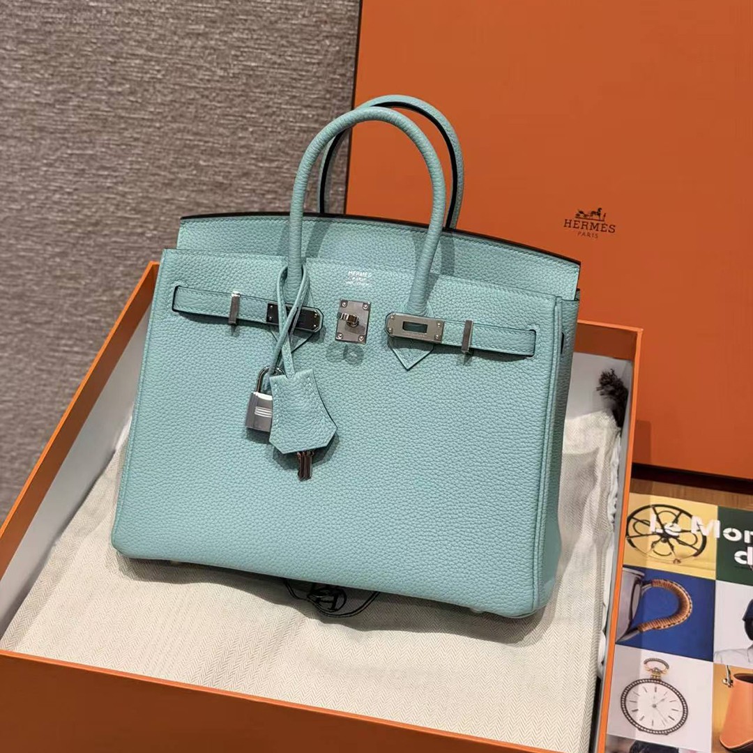 Hermes Birkin 25 Bag 7V Lagon Handmade In Togo Calfskin Leather Silver Hardware - Image 17