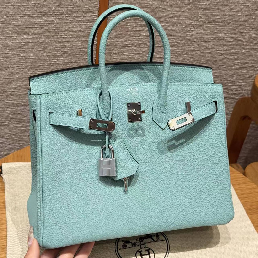 Hermes Birkin 25 Bag 7V Lagon Handmade In Togo Calfskin Leather Silver Hardware - Image 16
