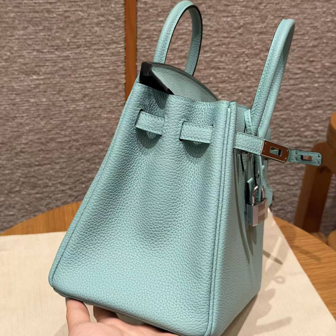 Hermes Birkin 25 Bag 7V Lagon Handmade In Togo Calfskin Leather Silver Hardware - Image 15