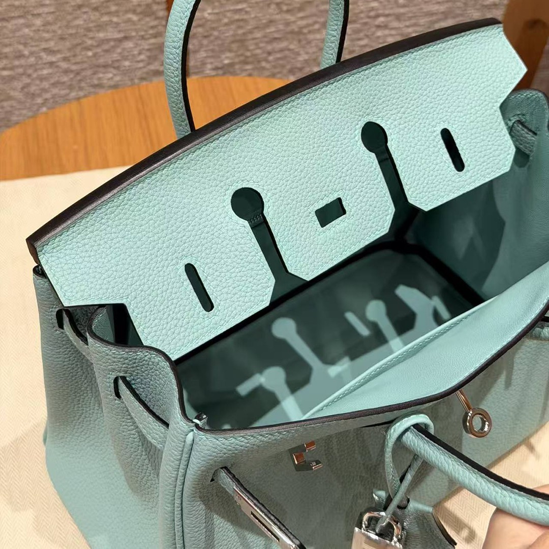 Hermes Birkin 25 Bag 7V Lagon Handmade In Togo Calfskin Leather Silver Hardware - Image 14