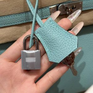 Hermes Birkin 25 Bag 7V Lagon Handmade In Togo Calfskin Leather Silver Hardware - Image 6