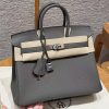 Hermes Birkin 25 Bag 8F Etain Handmade In Togo Calfskin Leather Silver Hardware
